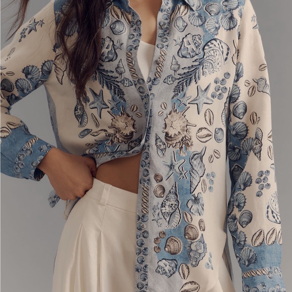 Anthropologie Ranna Gill Linen Blend Tropical Print Buttondown Blouse
